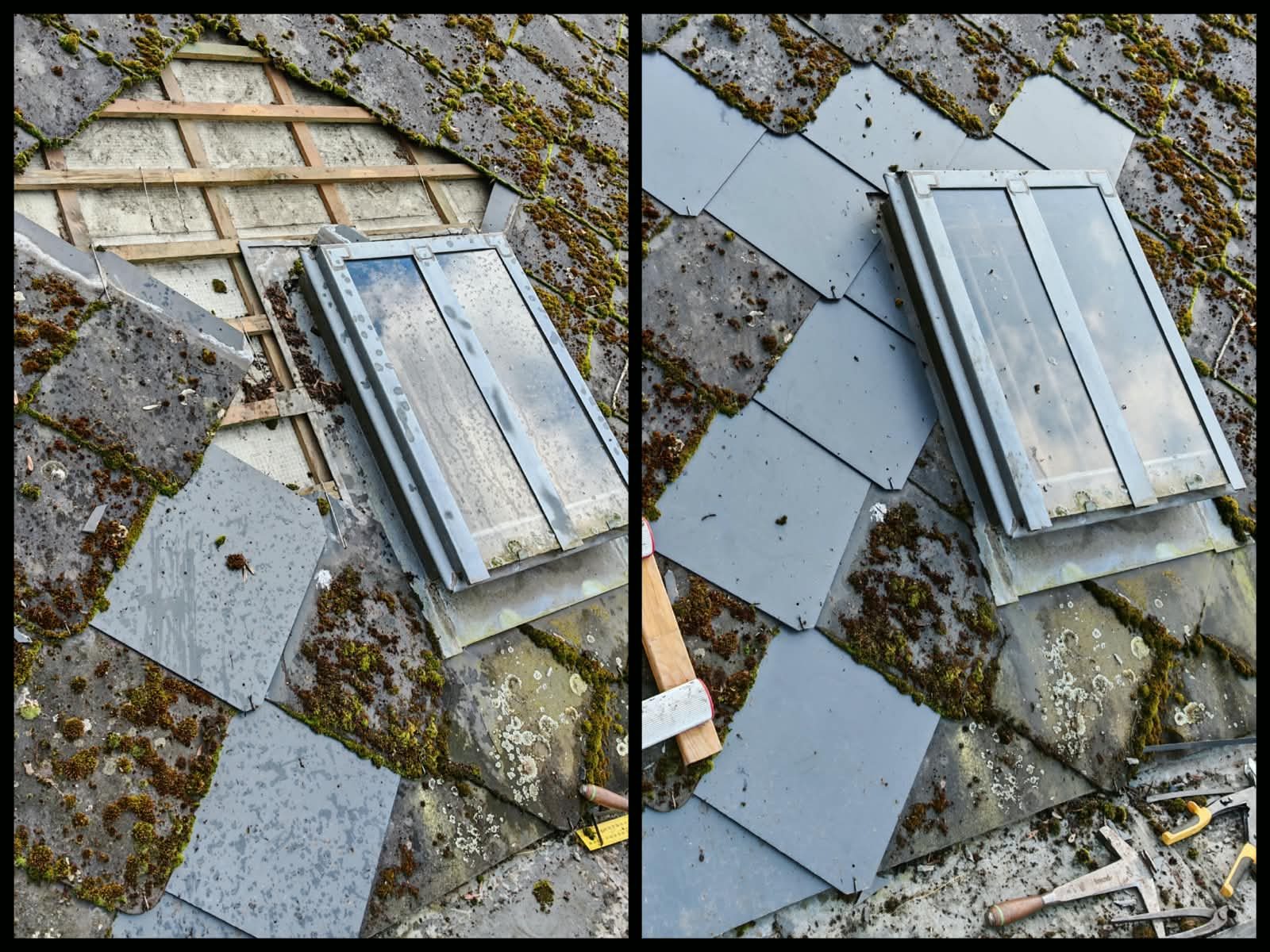 Dépose d'ardoises et remplacement d'une fenêtre de toit, chantier SkySafe Toitures